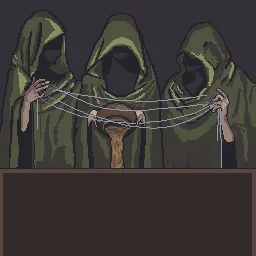 Digital illustration of three hooded figures holding a thread, the Three Fates