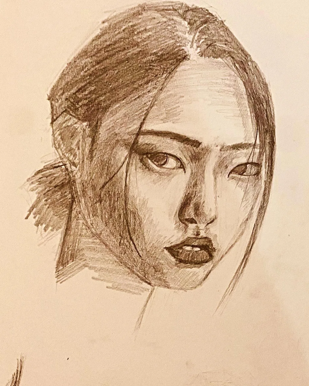 Sepia pencil portrait of a young woman with tied-back hair