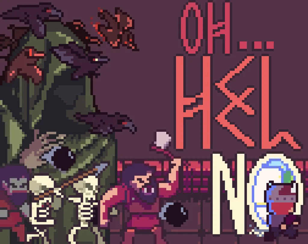 Pixel art game cover reading Oh Hel No with skeletons and a warrior