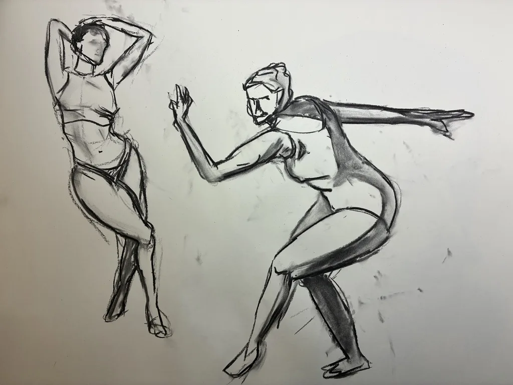 Charcoal gesture drawings of two dancing figures