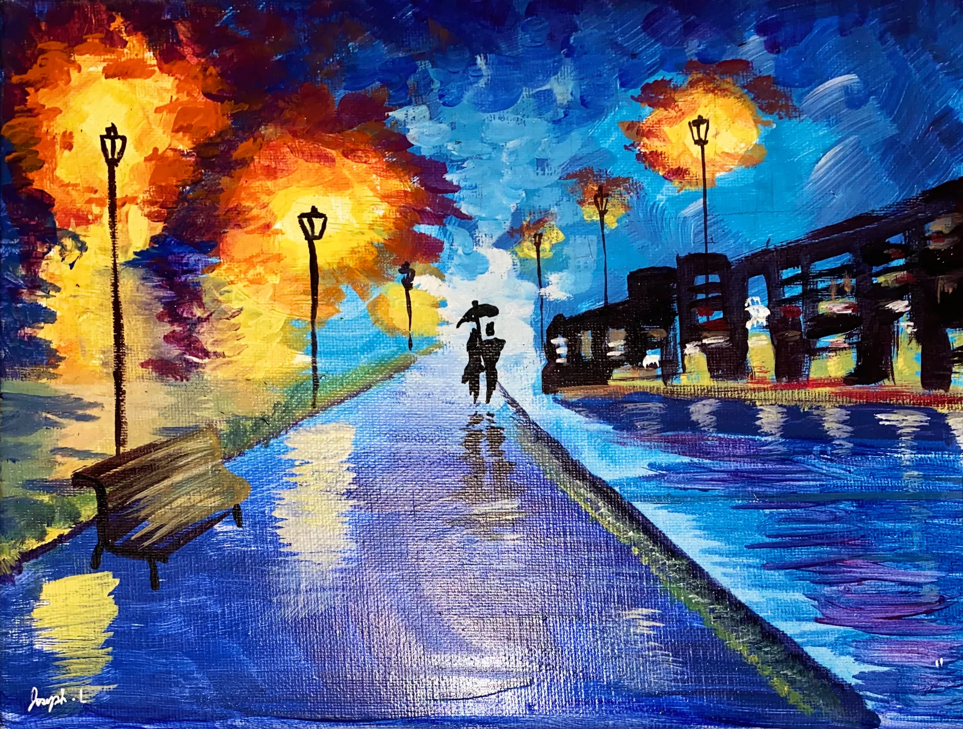 Acrylic painting of a couple under an umbrella on a rainy, lamplit riverside path at night