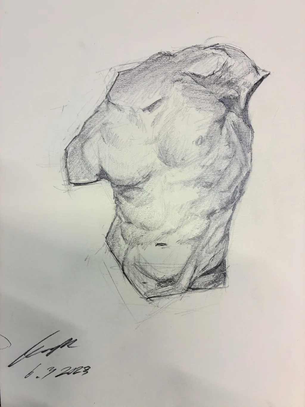 Pencil study of a classical marble torso sculpture