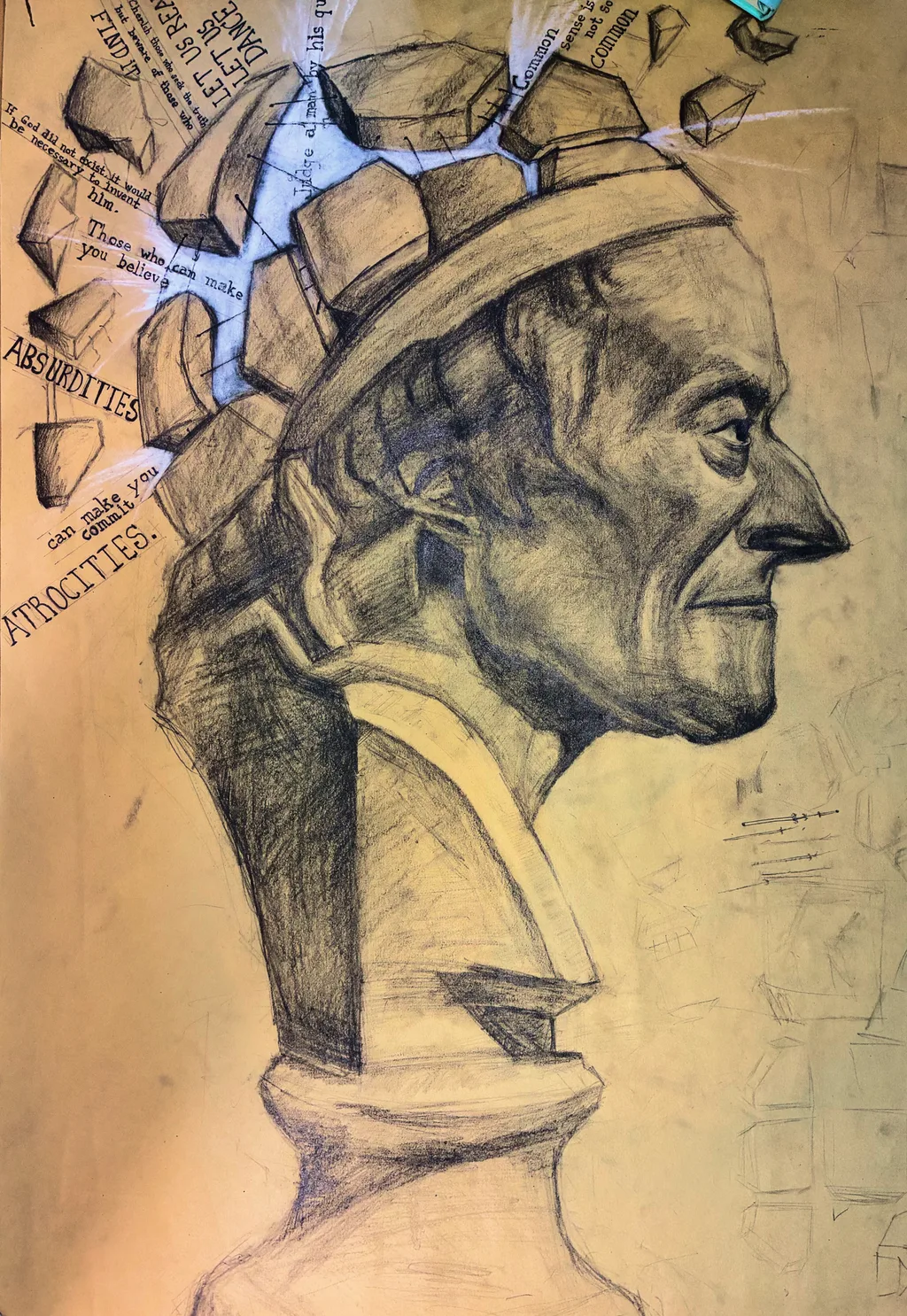 Pencil drawing of a crumbling statue bust of an old man in profile with collaged text