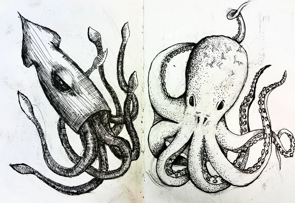 Pen and ink drawings of a squid and a stippled octopus