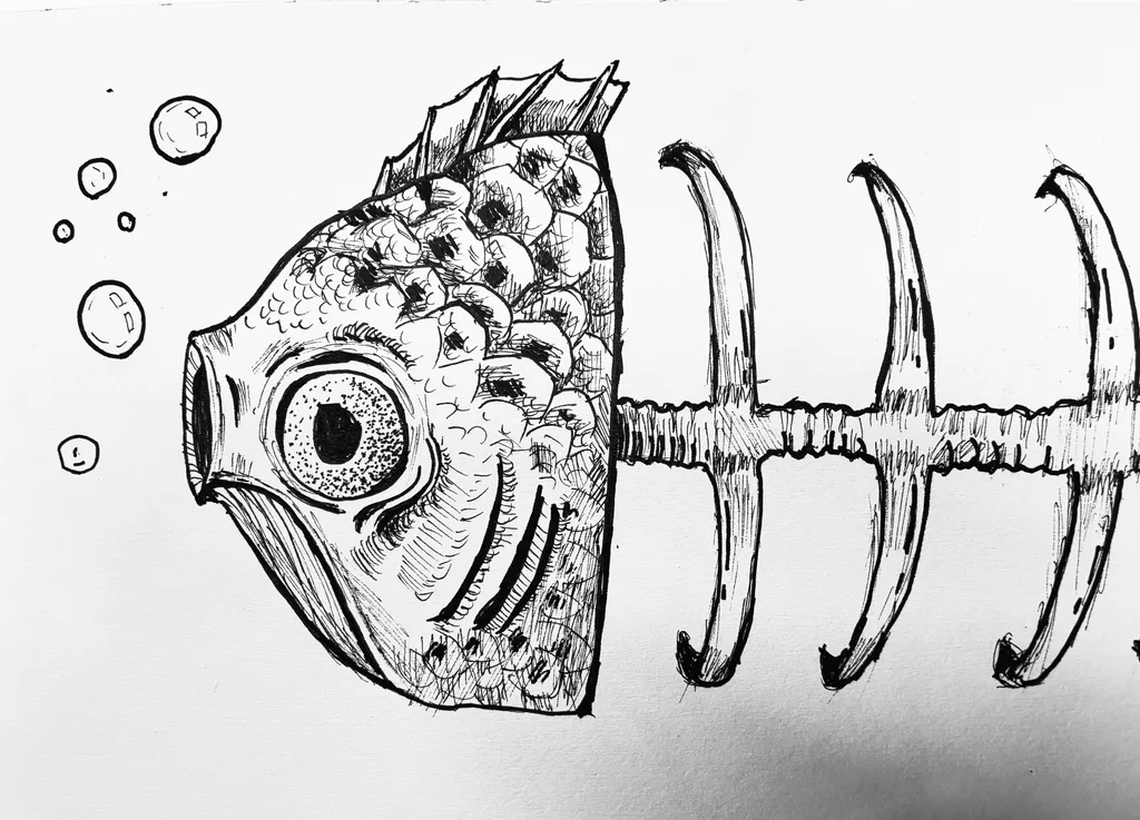 Pen and ink drawing of a fish with its body reduced to a skeleton
