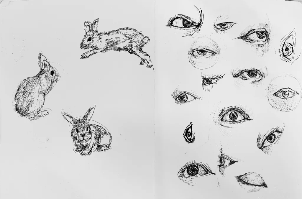 Sketchbook spread of ink rabbit studies and practice drawings of eyes