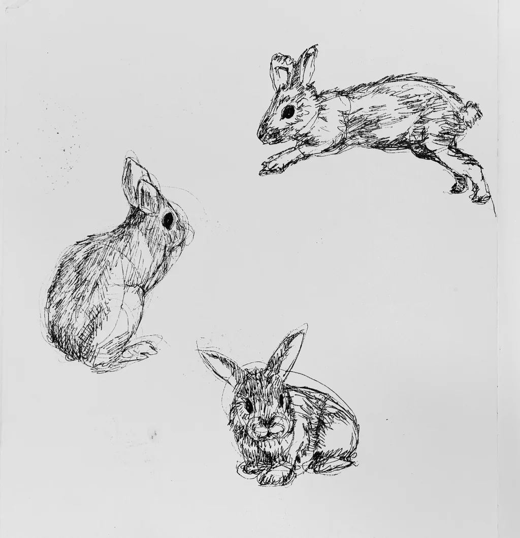 Pen and ink sketches of three rabbits in different poses