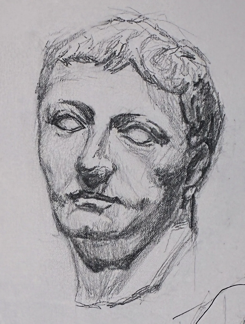 Pen sketch of a classical statue head with blank eyes