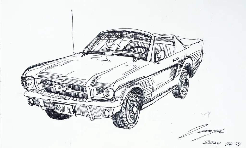 Ink drawing of a classic Ford Mustang, signed and dated 2024