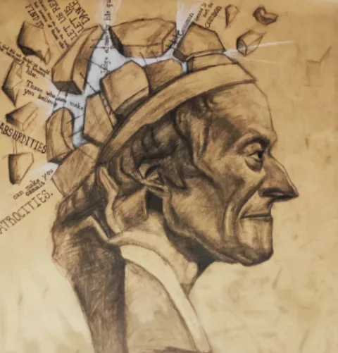 Charcoal drawing of an old man in profile as a crumbling statue bust surrounded by text