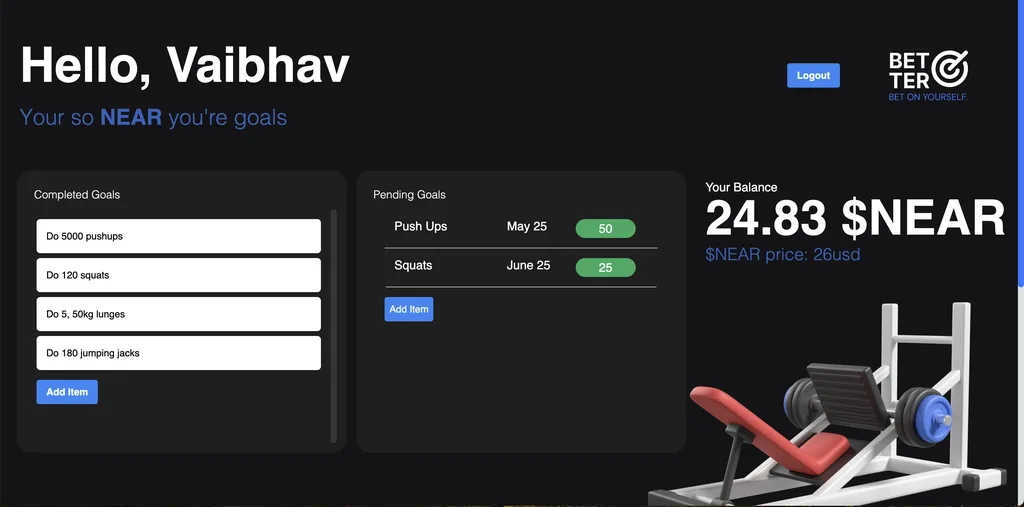 Better app dashboard showing fitness goals and a NEAR token balance
