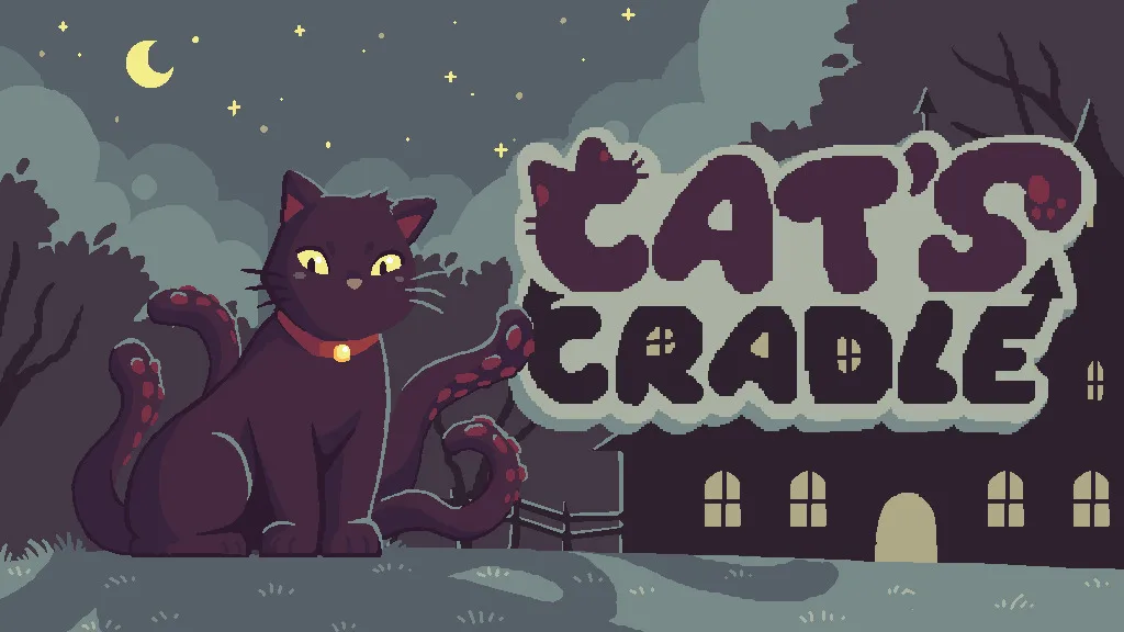 Cat's Cradle pixel art title screen with a black cat at night