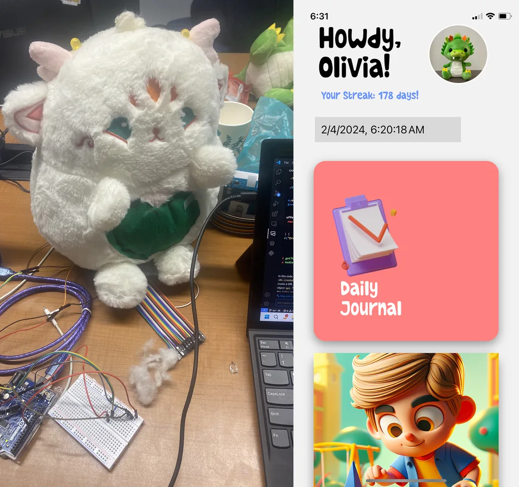 Dear Journal plush prototype with wiring beside the app's home screen