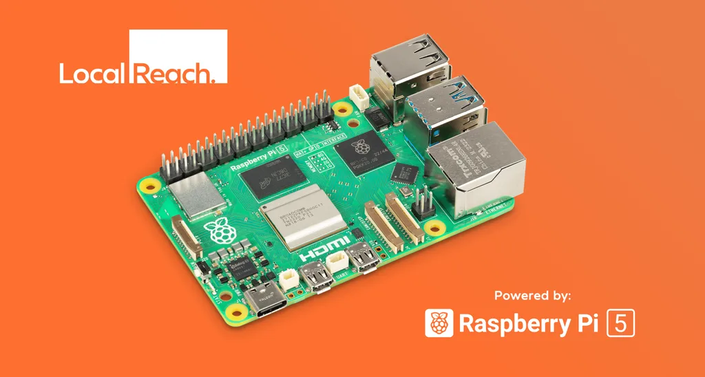 Local Reach logo with a Raspberry Pi 5 board on an orange background