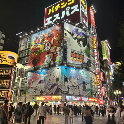 Tokyo pachinko building covered in anime billboards at night