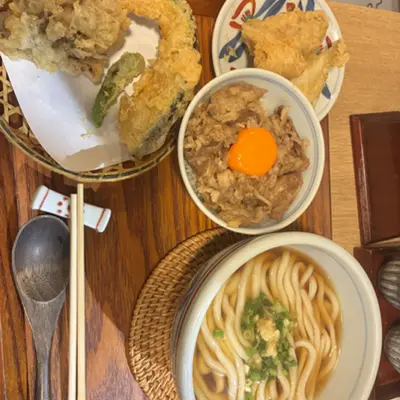 Japanese meal of tempura, a beef rice bowl with egg yolk, and udon