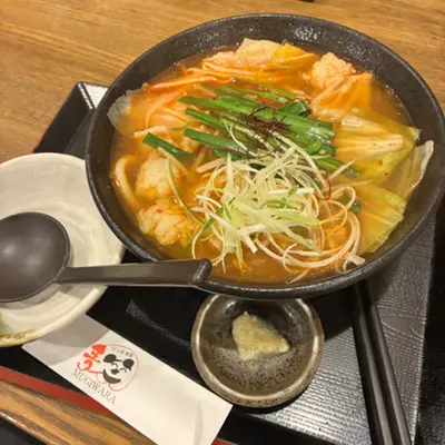 Bowl of spicy soup noodles with dumplings and green onions