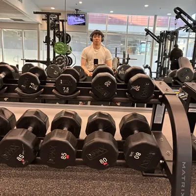 Rows of heavy dumbbells on a rack in a gym