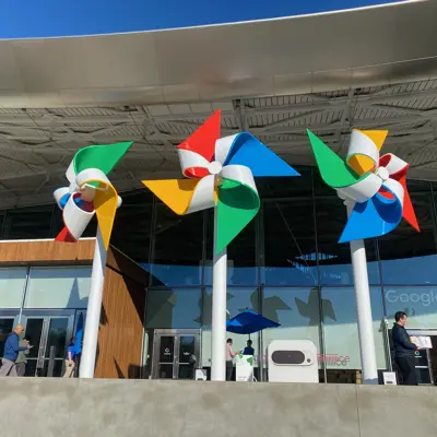 Colorful pinwheel sculptures outside a Google building